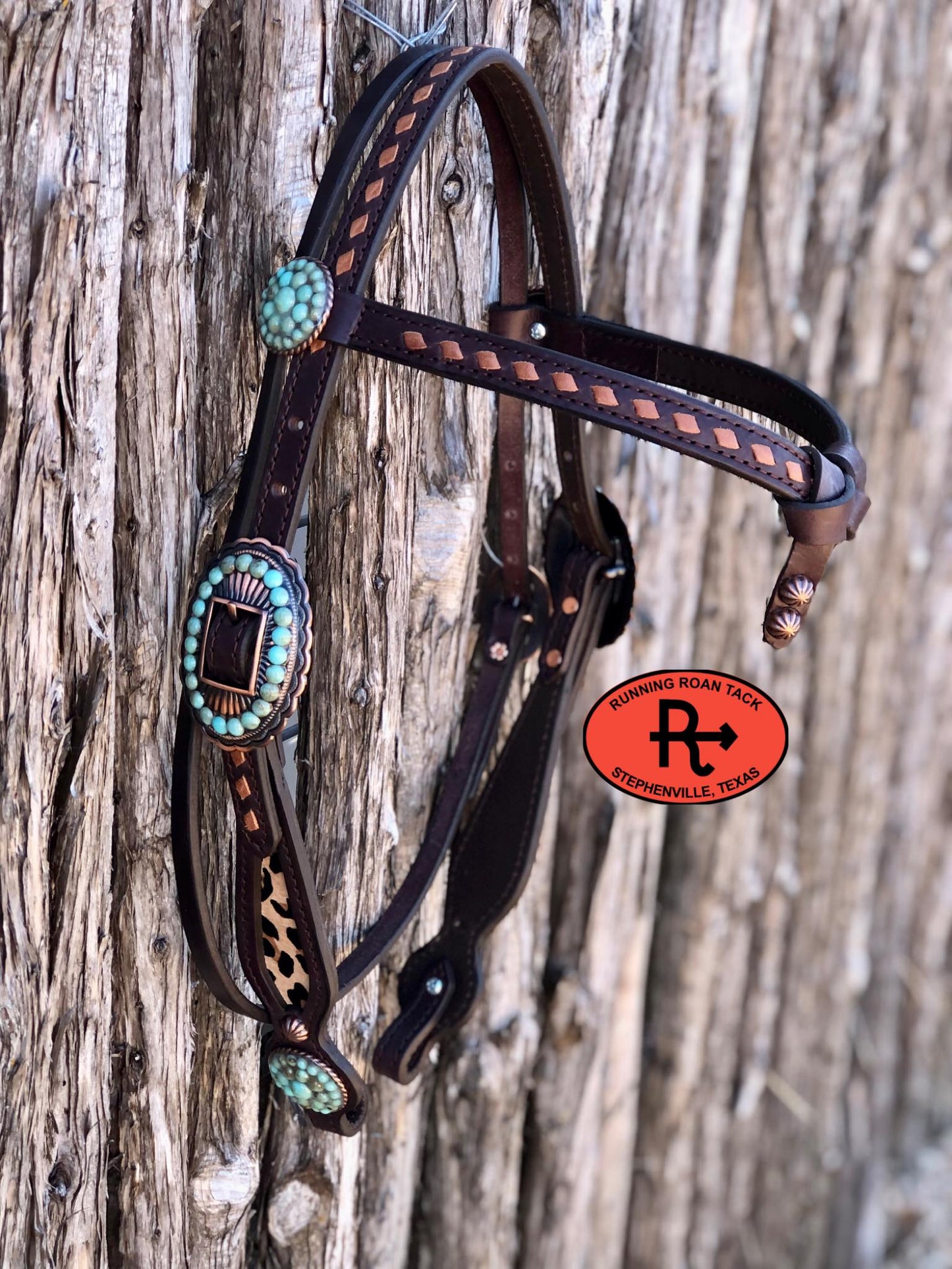 Futurity Knot Browband Headstall with Hair On Leopard, Tan Buckstitch and Faux Turquoise Hardware 36"-43"