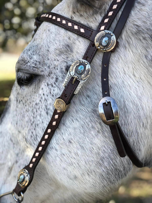 Futurity Knot Browband Headstall with White Buckstitch and German Silver Hardware 36"-43"