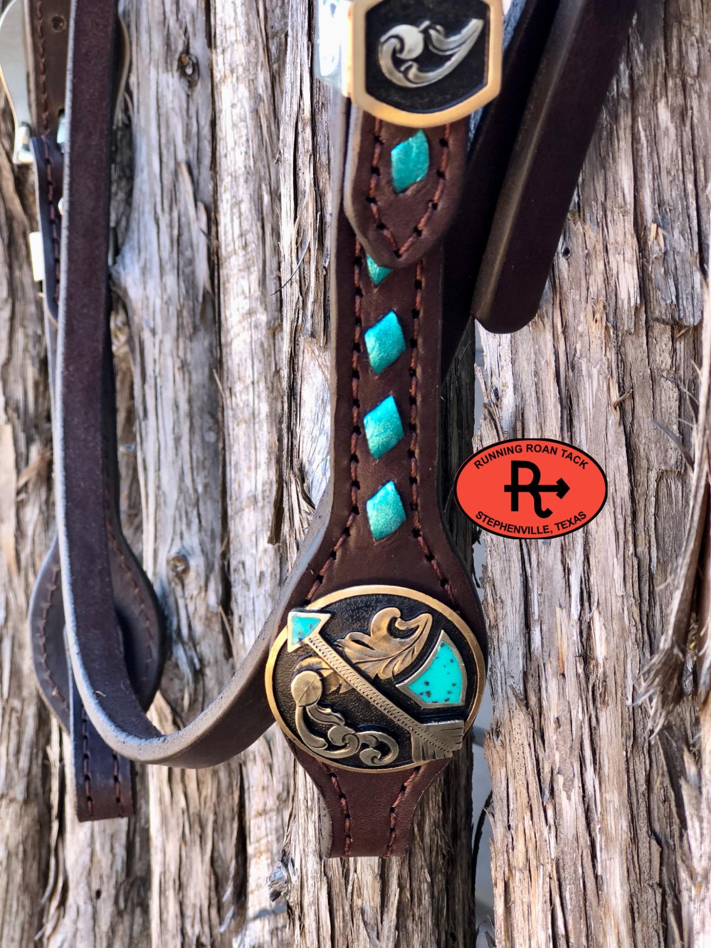 Futurity Knot Short Cheek Headstall with Metallic Aqua Buckstitch and German Silver Feather Hardware 29"-37"