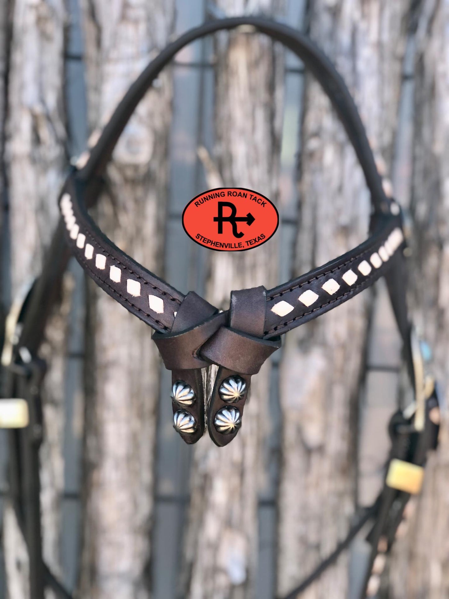 Futurity Knot Browband Headstall with White Buckstitch and German Silver Hardware 36"-43"