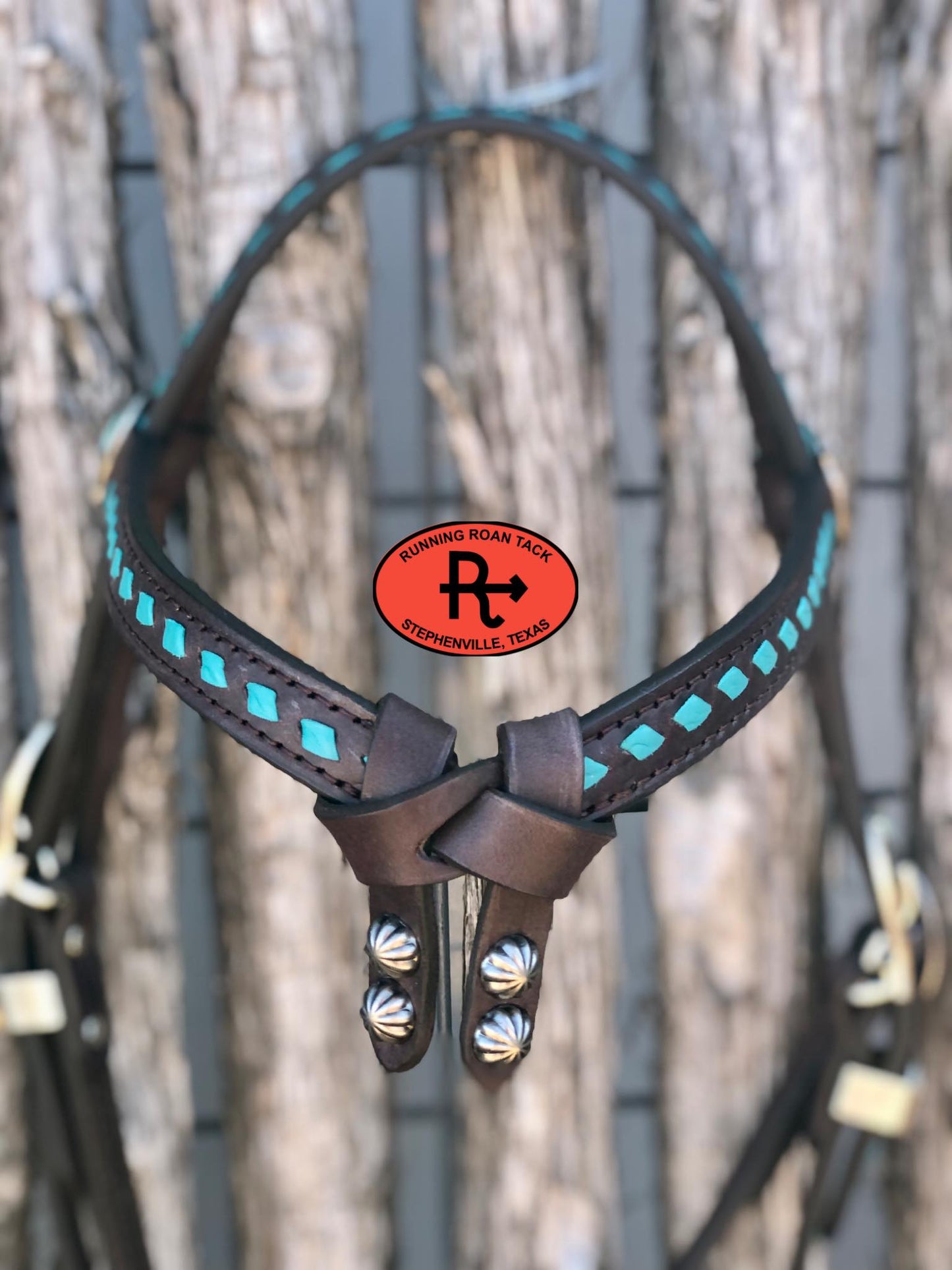 Futurity Knot Browband Headstall with Turquoise Buckstitch and German Silver Feather Hardware 36"-43"