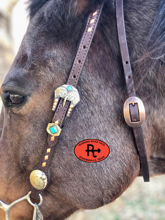 Single Ear with Throatlatch Short Gag Headstall with Metallic Copper Buckstitch and German Silver Feather Hardware 29"-37"