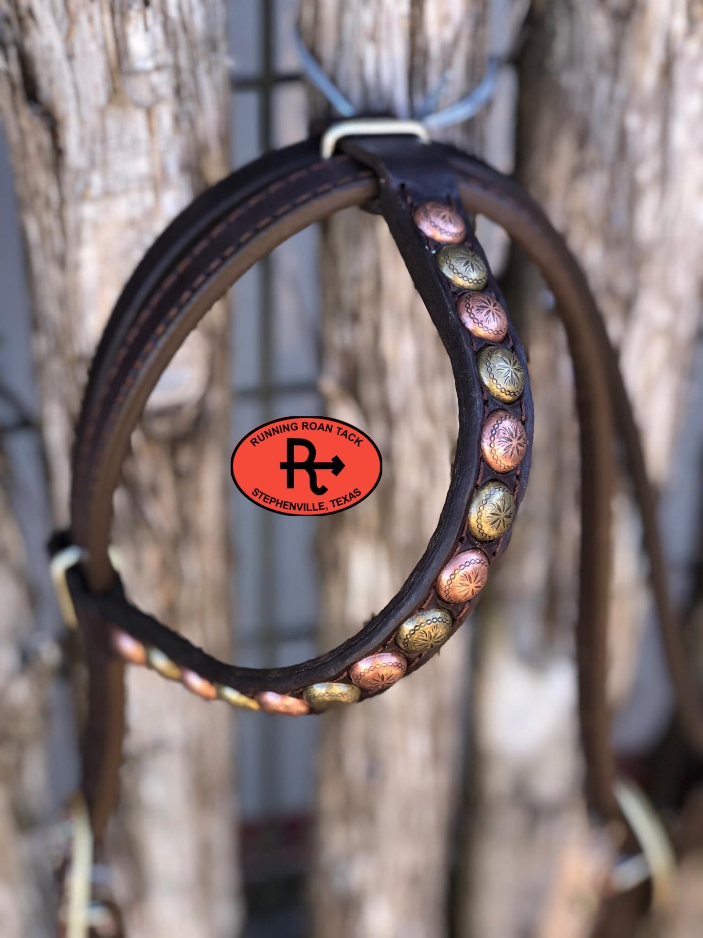 Single Ear with Throatlatch Headstall with Light Brindle Cowhide and Tricolor Desert Hardware 36"-43"