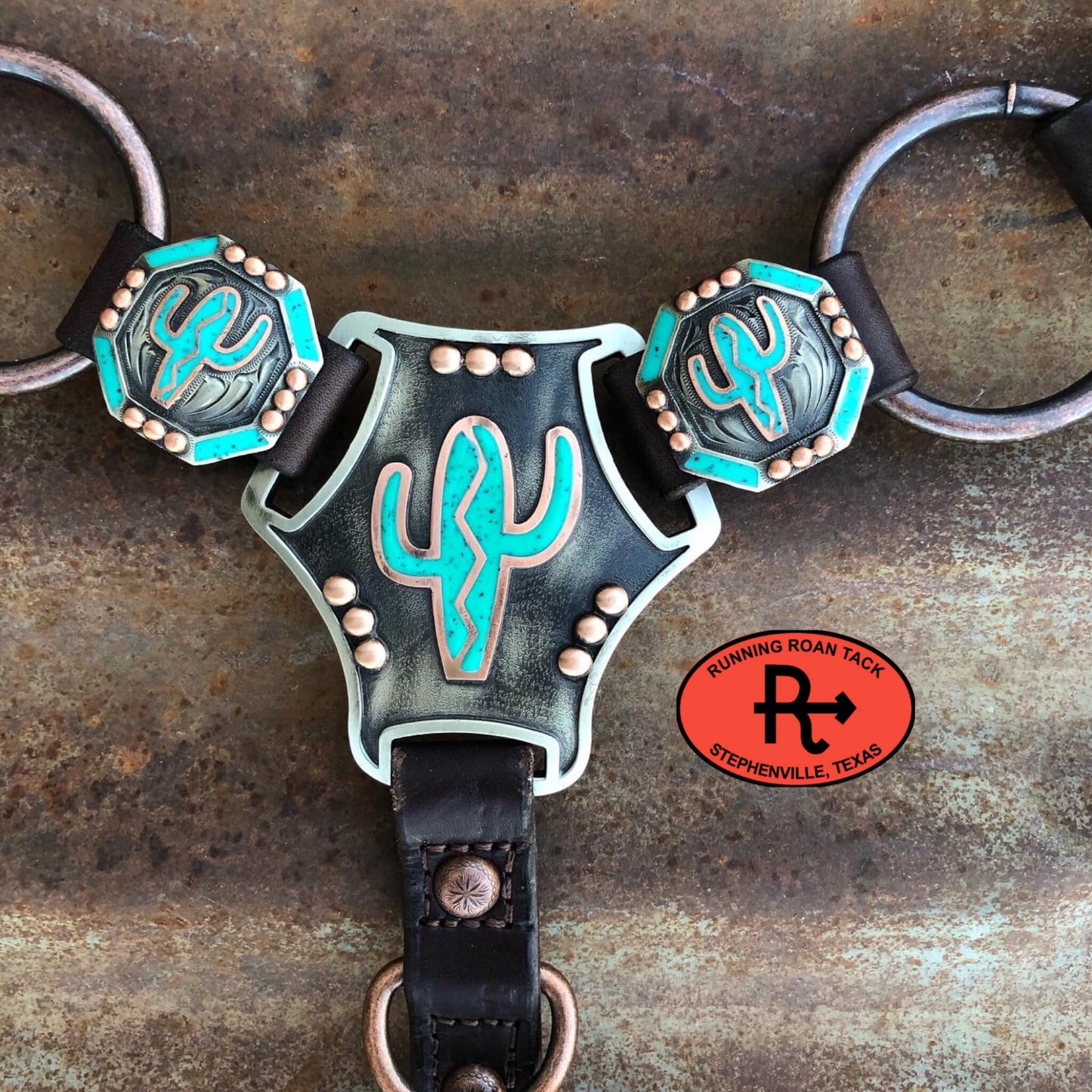 Ring Breast Collar with German Silver Cactus Martingale Plate and Turquoise/Copper Lacing