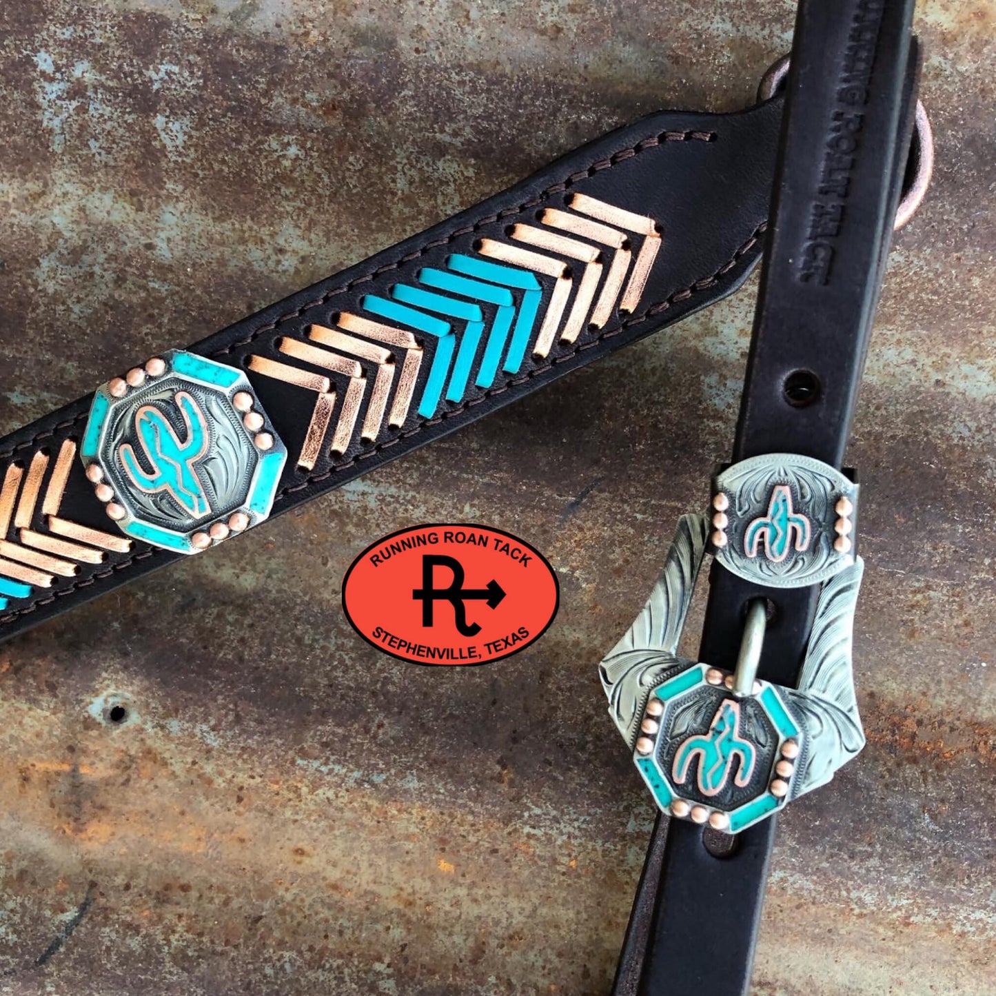 Ring Breast Collar with German Silver Cactus Martingale Plate and Turquoise/Copper Lacing