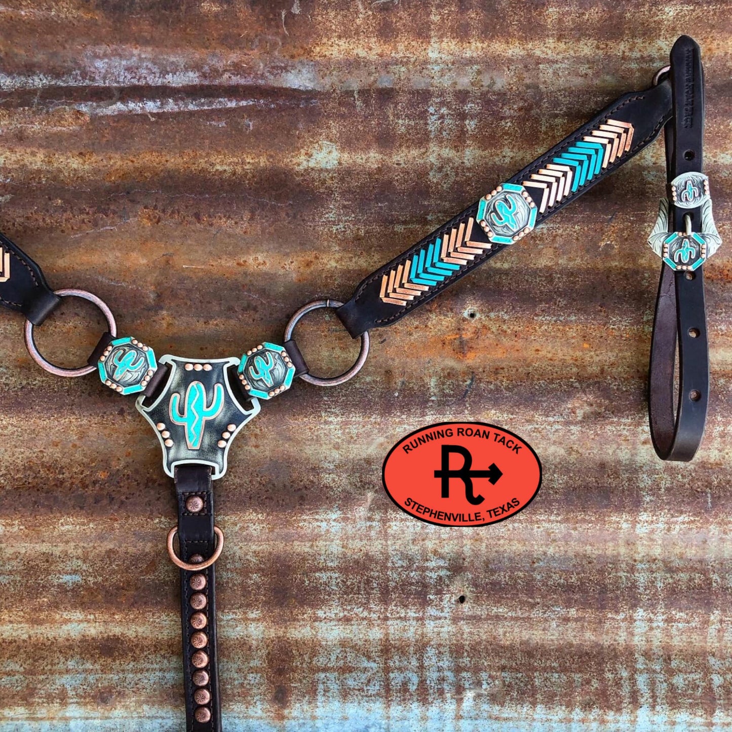 Ring Breast Collar with German Silver Cactus Martingale Plate and Turquoise/Copper Lacing