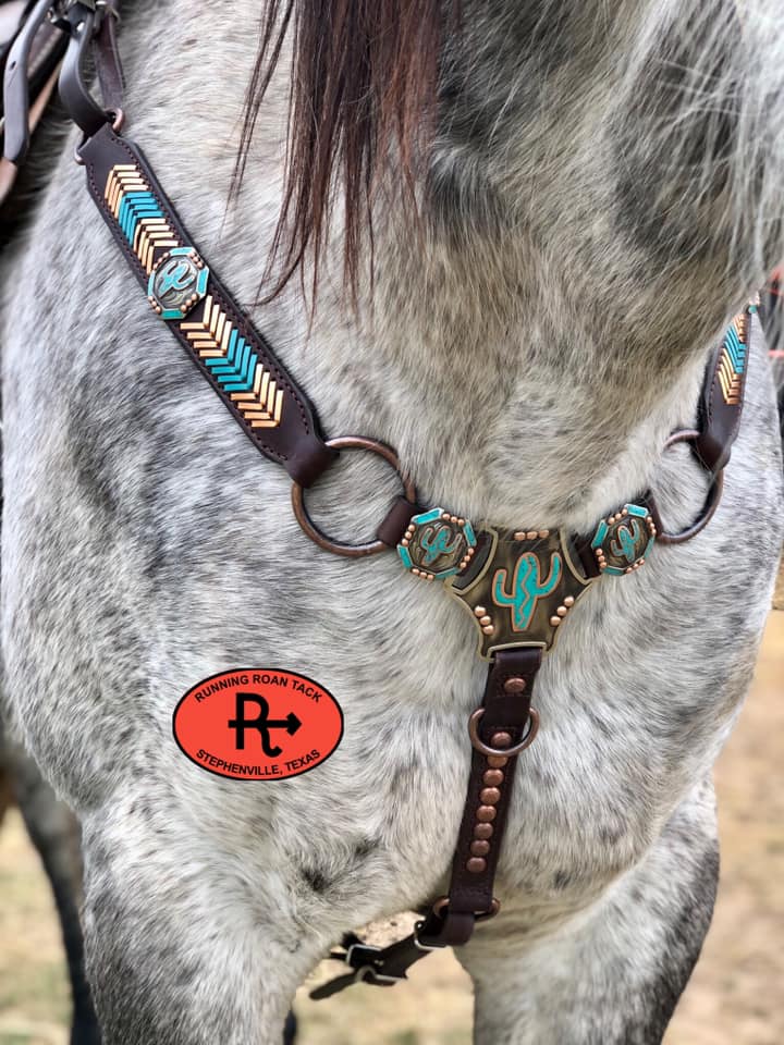 Ring Breast Collar with German Silver Cactus Martingale Plate and Turquoise/Copper Lacing