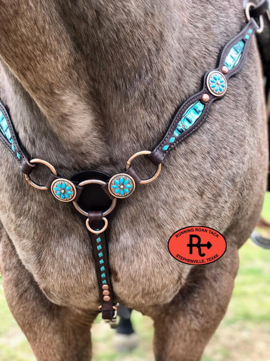 Ring Breast Collar with Inlaid Turquoise Croc and Turquoise Buckstitch