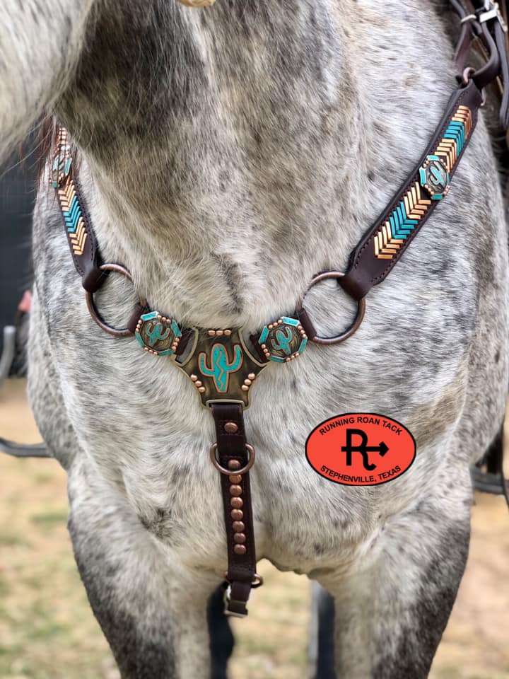 Ring Breast Collar with German Silver Cactus Martingale Plate and Turquoise/Copper Lacing