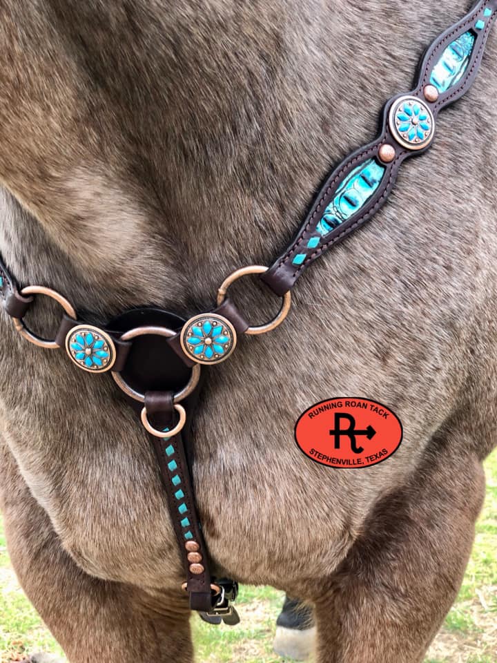 Ring Breast Collar with Inlaid Turquoise Croc and Turquoise Buckstitch