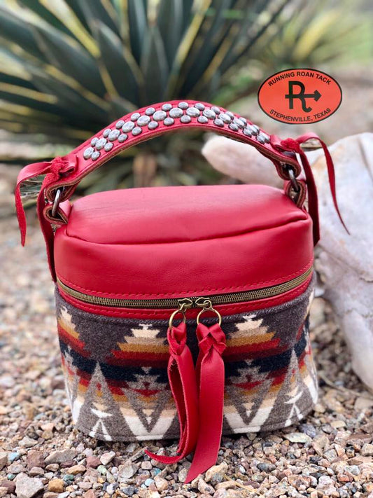 Red Leather with Pacific Crest Wool Train Case for Makeup, Toiletries, etc