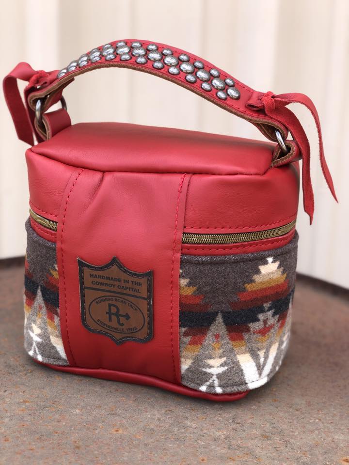 Red Leather with Pacific Crest Wool Train Case for Makeup, Toiletries, etc