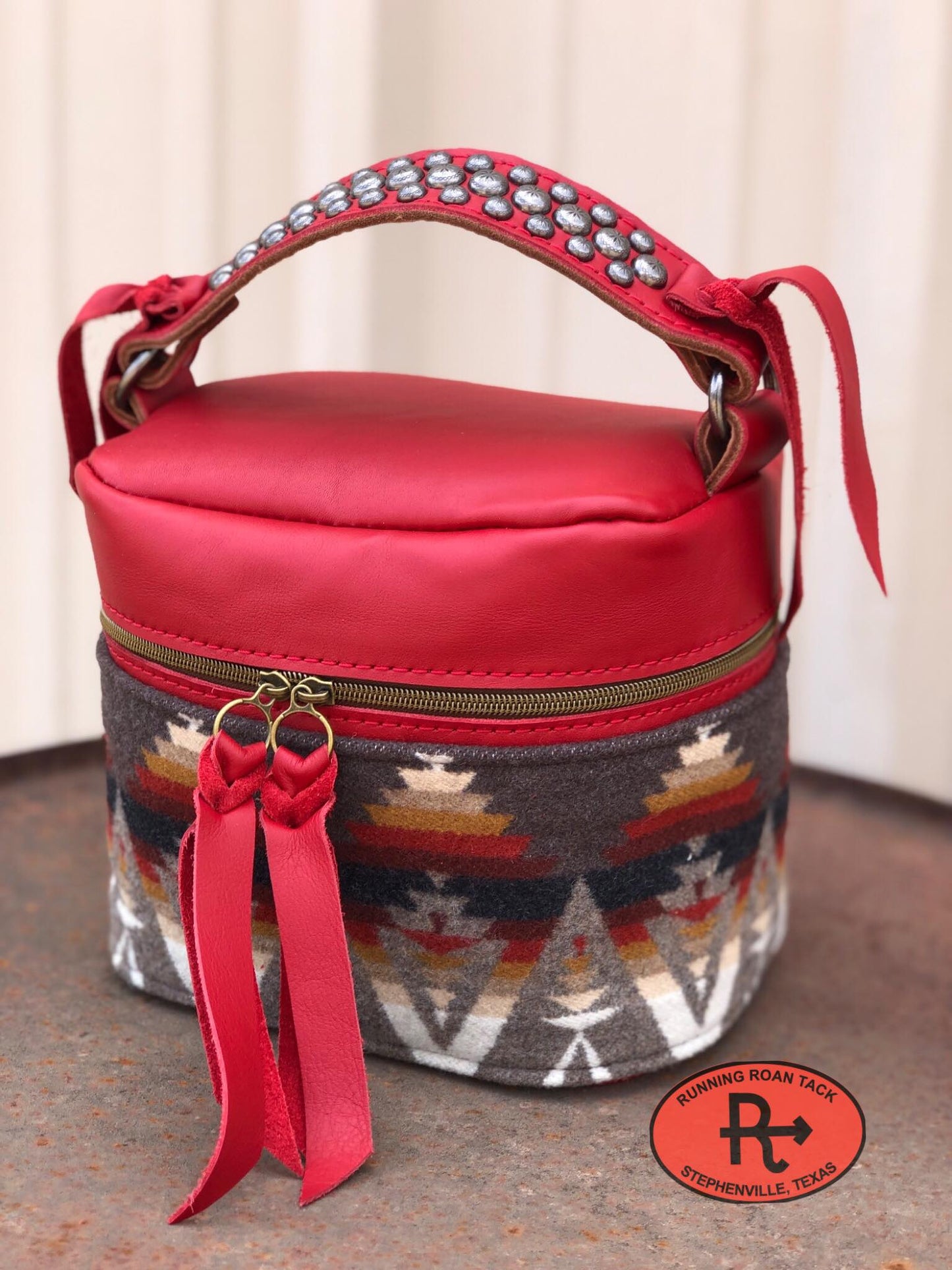 Red Leather with Pacific Crest Wool Train Case for Makeup, Toiletries, etc