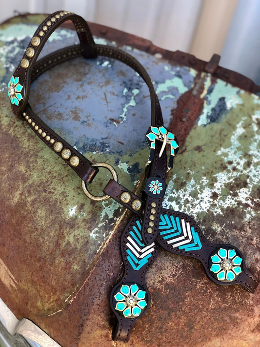 Single Ear Ring Headstall with Turquoise and Metallic Gold Lacing and German Silver Brass Flowers 35"-39"