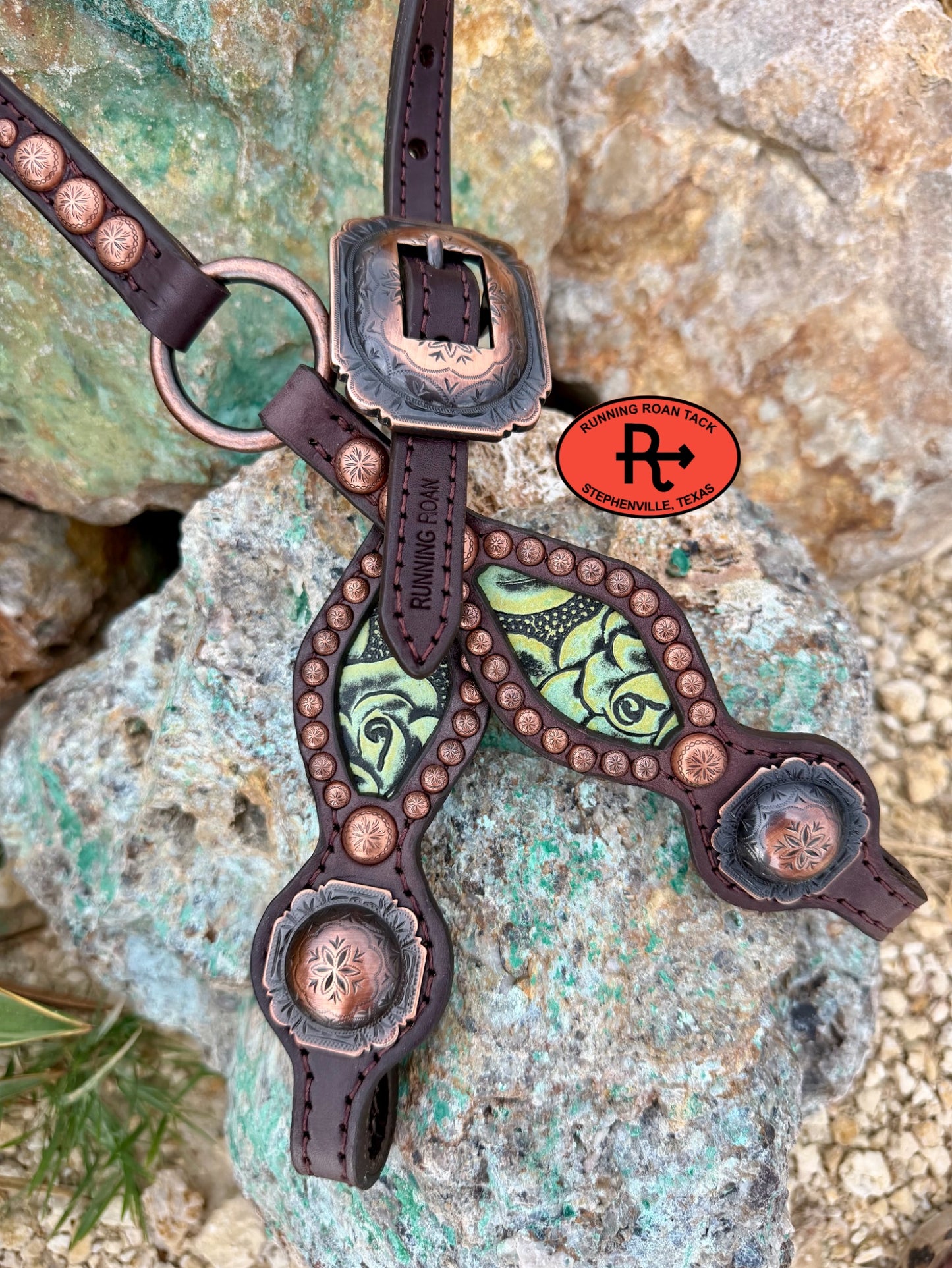 Single Ear Ring Headstall with Mint Rose Inlay and Copper Hardware 38"-42" Headstall07062026-06