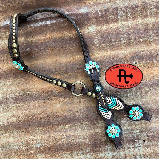 Single Ear Ring Headstall with Metallic Gold and Turquoise Lacing and German Silver 39"-43"