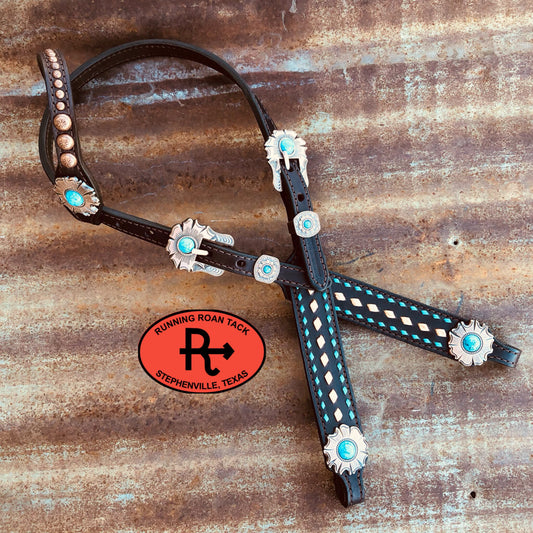 Single Ear Headstall with Turquoise and Copper Buckstitch and Floral Hardware 36" -43"