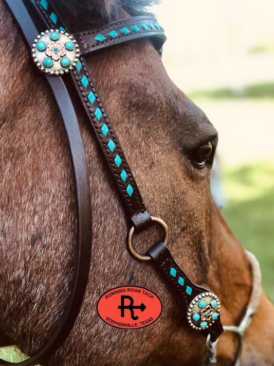 Futurity Knot Browband Ring Headstall with Turquoise Buckstitch and German Silver Flower Hardware 36"-40"