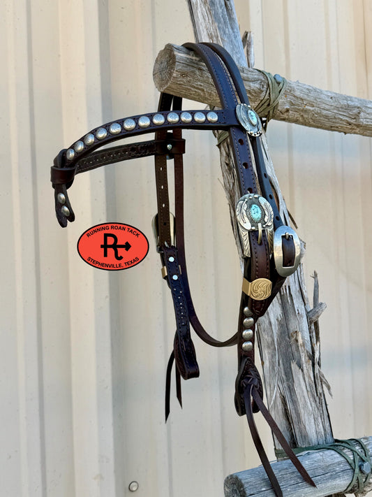 Chocolate Short Cheek Futurity Knot Headstall with Quick Change Pineapple Knots and German Silver Hardware 29”-37” Headstall10052026-13