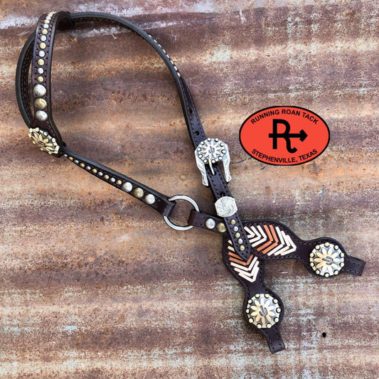 Single Ear Ring Headstall with Ochre and Off White Lacing and German Silver 38"-42"