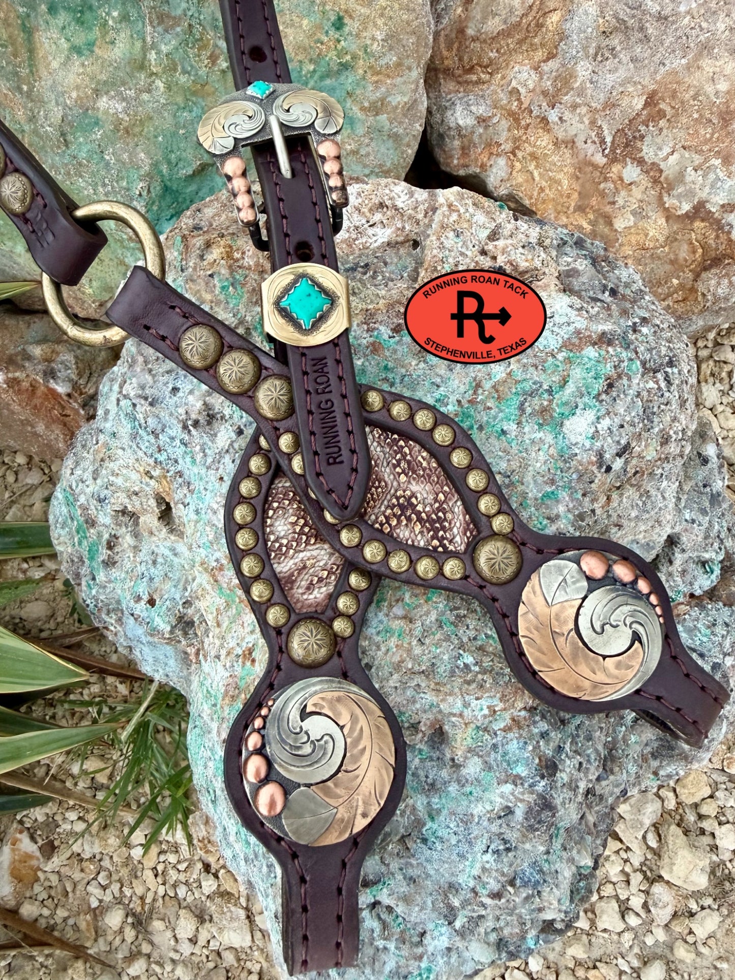 Single Ear Ring Headstall with Snake Inlay and Feather Hardware 35"-39" Headstall07062026-07