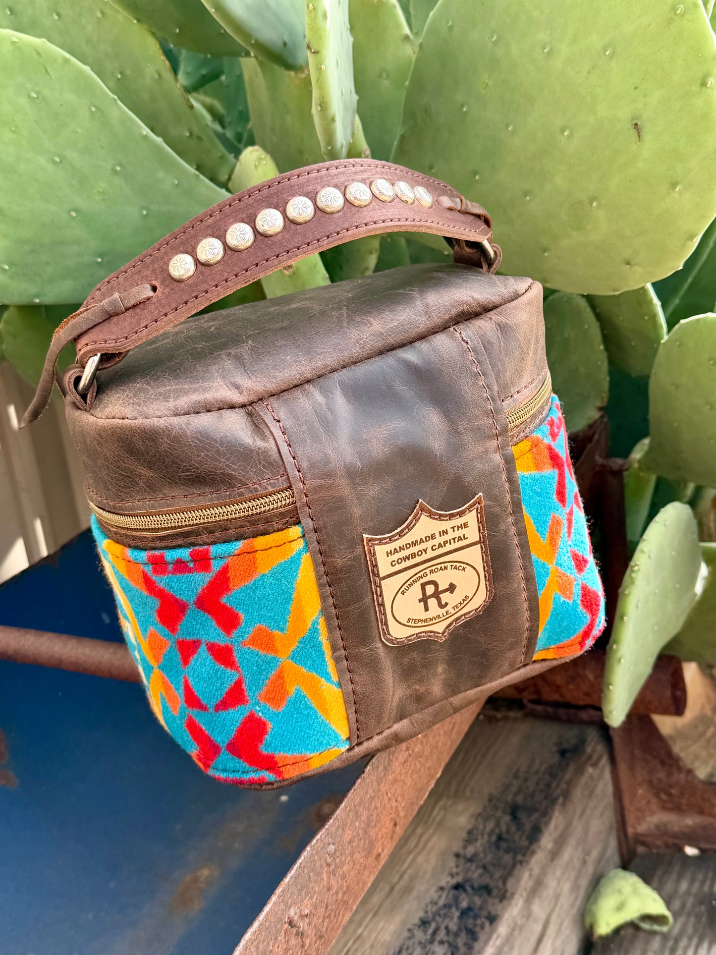 Brown Leather with Condensed Turquiose Wool Train Case for Makeup, Toiletries, etc traincase07062026-08