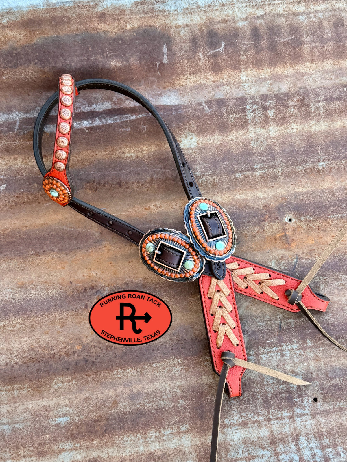 Terracotta Short Gag Headstall with Metallic Copper Lacing and Coral and Turquoise Hardware 29”-37” Headstall09072026-01