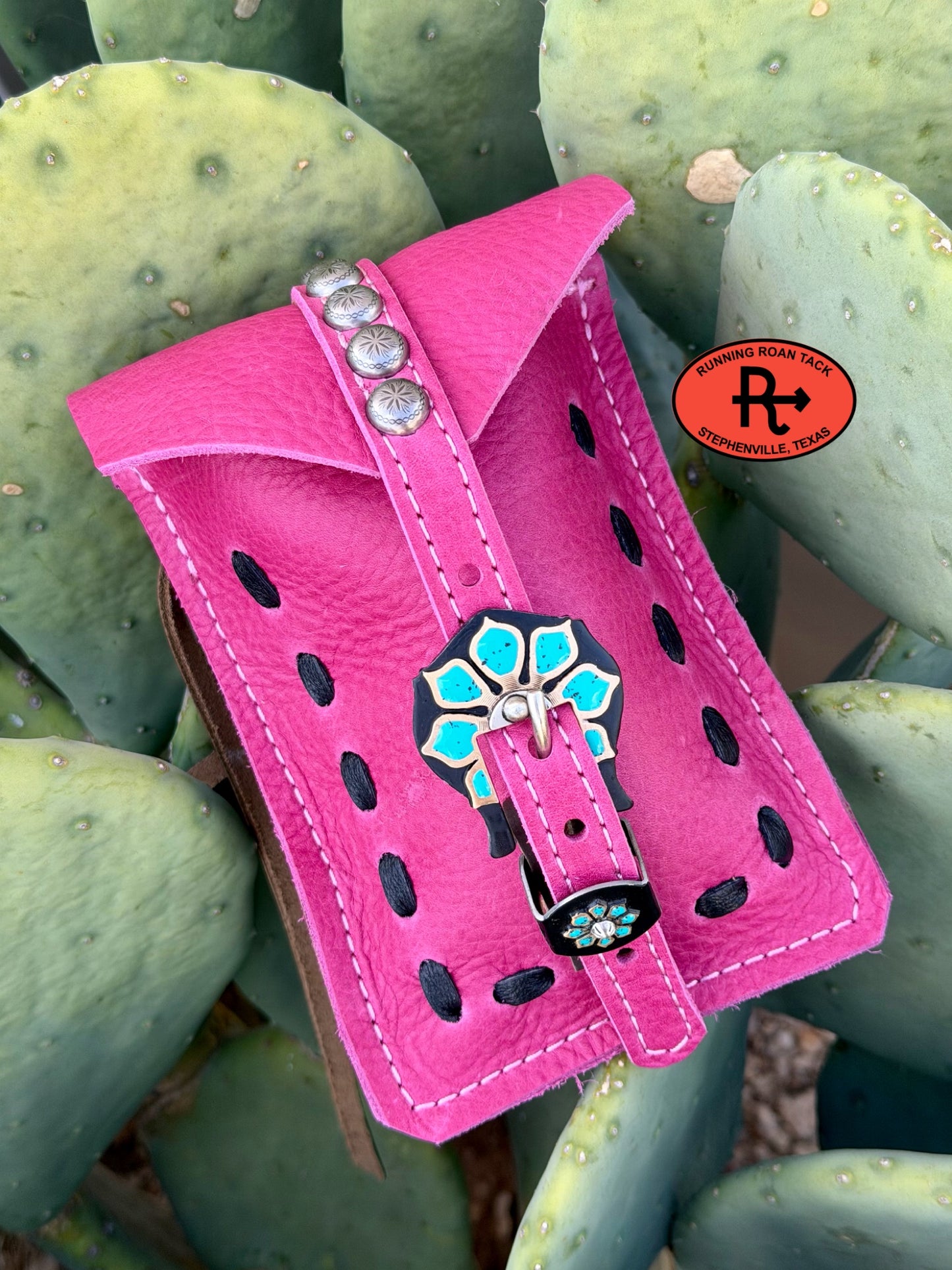 Pink Leather Mini Saddle Bag with Black Pop Stitch and German Silver Buckle for Phone, Keys, Roping Powder, etc Minibag09072026-08
