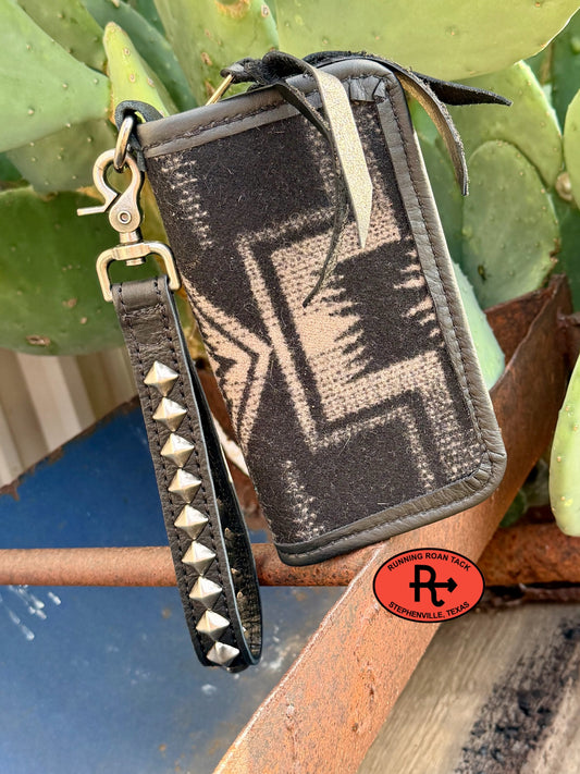 "The Pecos" Black Leather Double Zip Wallet Wristlet Organizer Clutch with Harding Wool Pecos10052026-07
