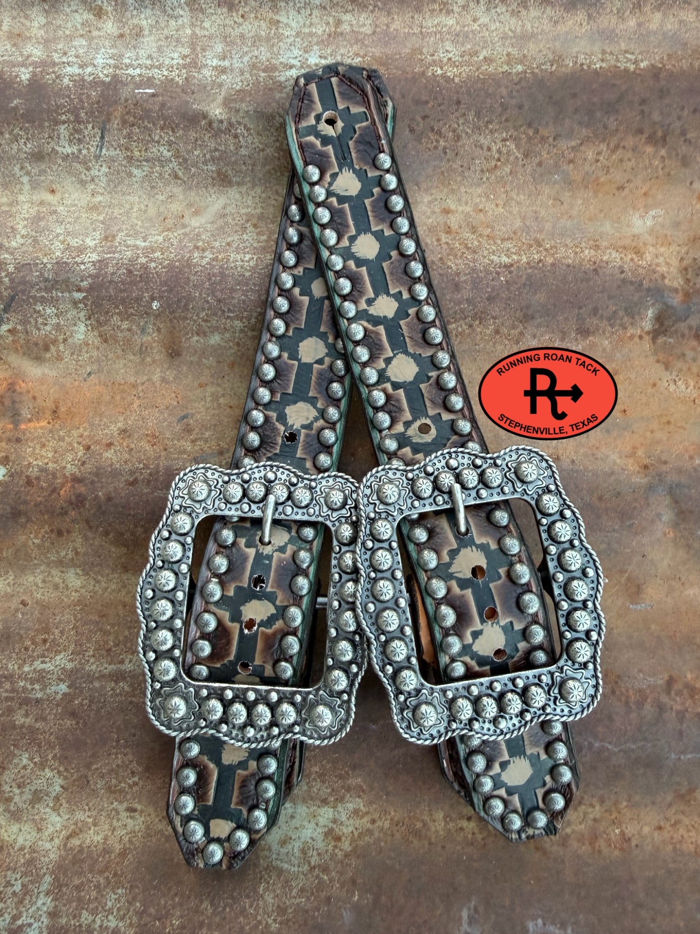 Brown Aztec Belt Style Spur Straps with Antique Silver Buckles spurstraps08032026-14
