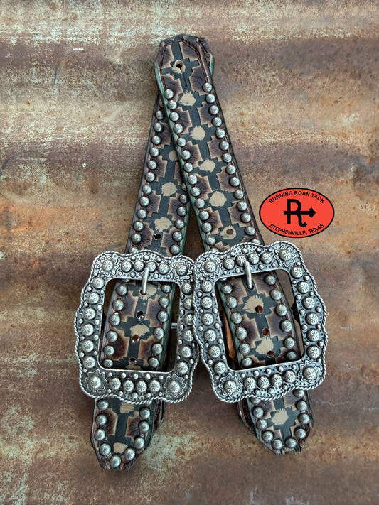 Brown Aztec Belt Style Spur Straps with Antique Silver Buckles spurstraps08032026-14
