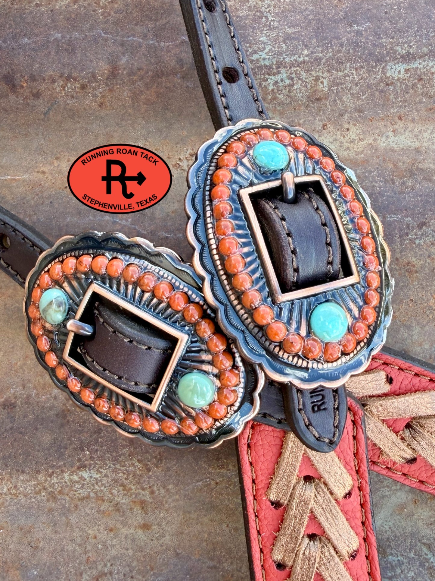 Terracotta Short Gag Headstall with Metallic Copper Lacing and Coral and Turquoise Hardware 29”-37” Headstall09072026-01