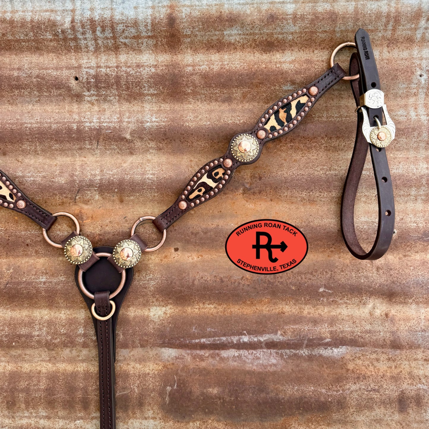 Ring Breast Collar with Inlaid Leopard Hair On Cowhide and Sunflower Conchos Breastcollar07062026-02