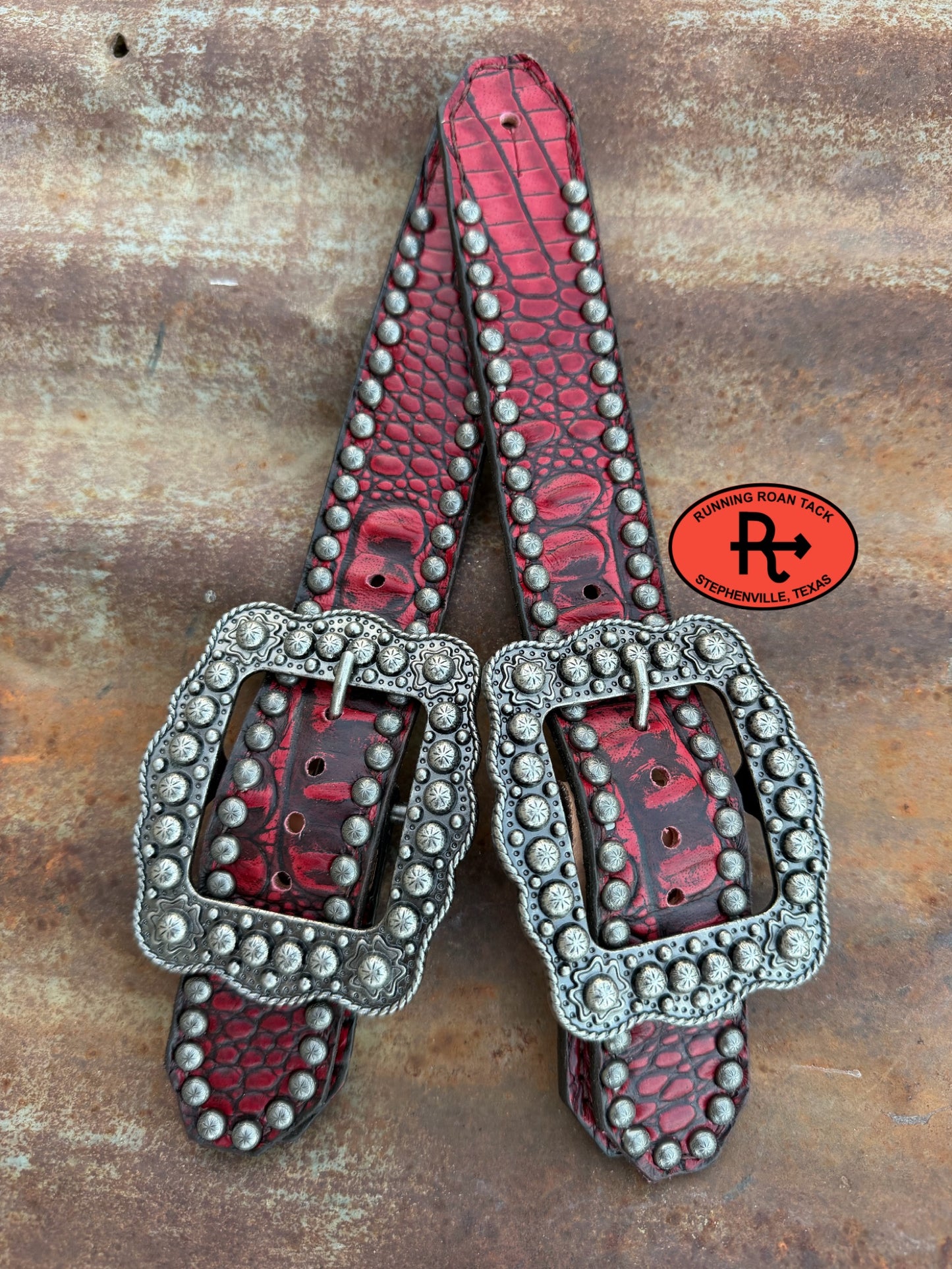 Red Croc Belt Style Spur Straps with Antique Silver Buckles spurstraps08032026-08