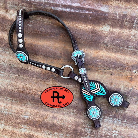 Single Ear Ring Headstall with Metallic Blue and Off White Lacing with Cactus Flowers 35"-39"