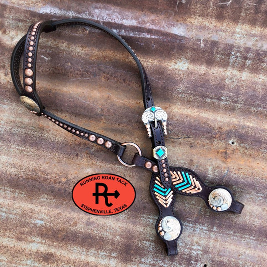 Single Ear Ring Headstall with Metallic Turquoise and Copper Lacing and German Silver 39"-43"