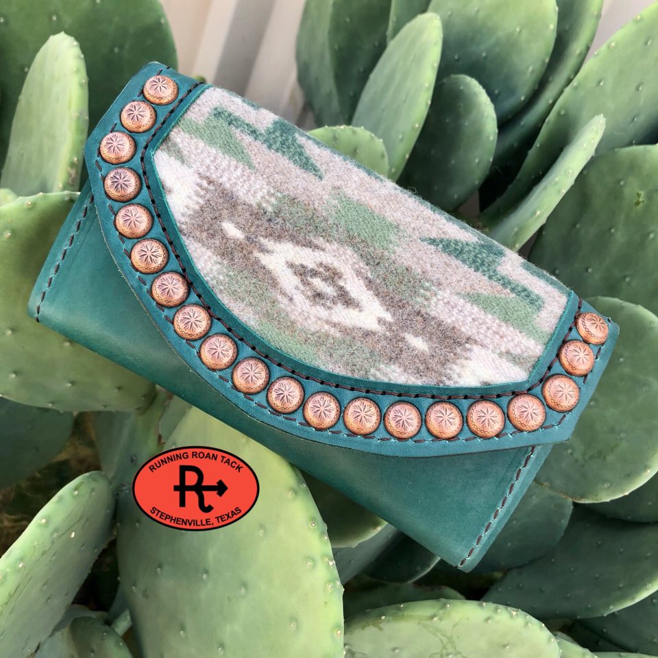 Teal Leather Inlaid Wool Trifold Wallet with Dots 08042025-12