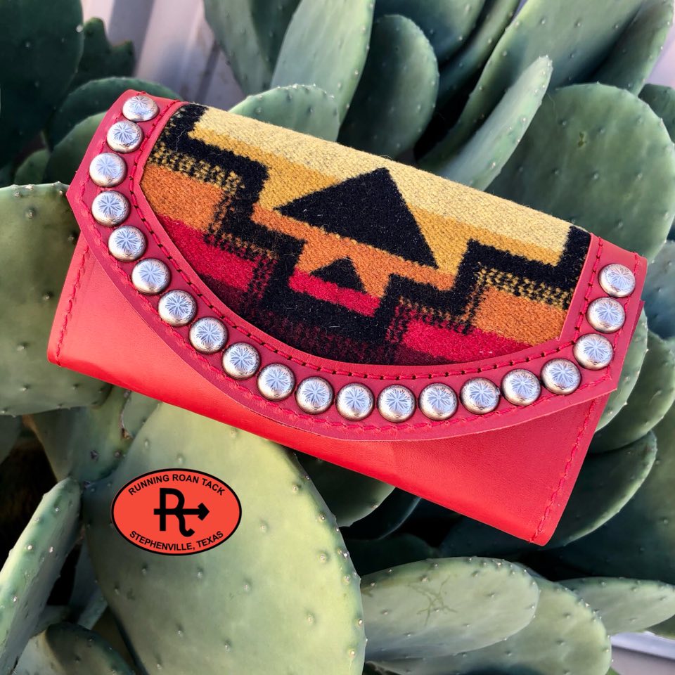 Red Leather Inlaid Wool Trifold Wallet with Dots 08042025-17