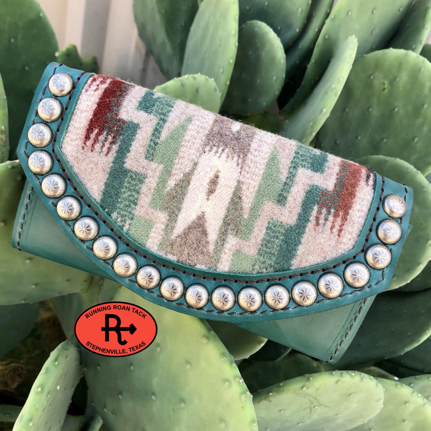 Teal Leather Inlaid Wool Trifold Wallet with Dots 08042025-11