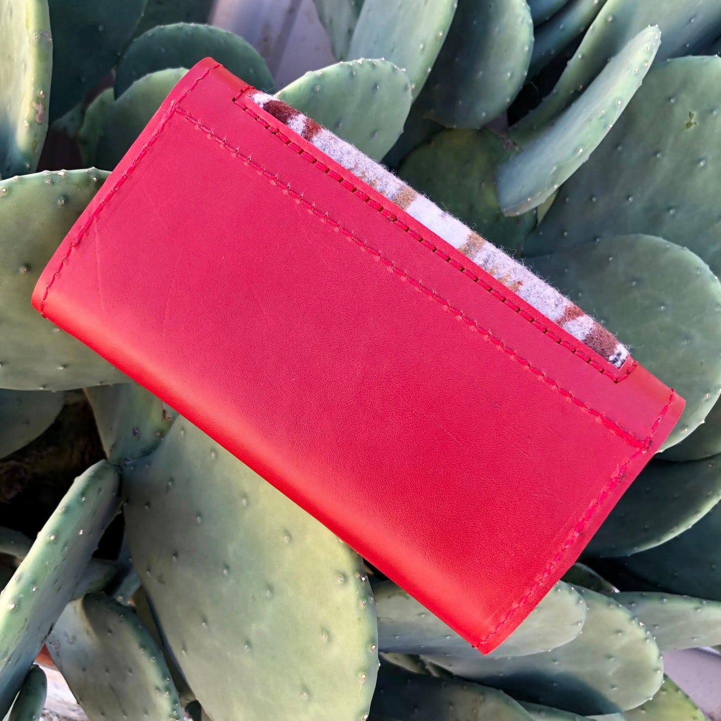 Red Leather Inlaid Wool Trifold Wallet with Dots 08042025-16