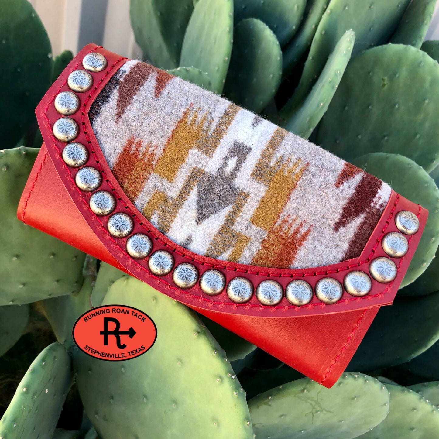 Red Leather Inlaid Wool Trifold Wallet with Dots 08042025-19