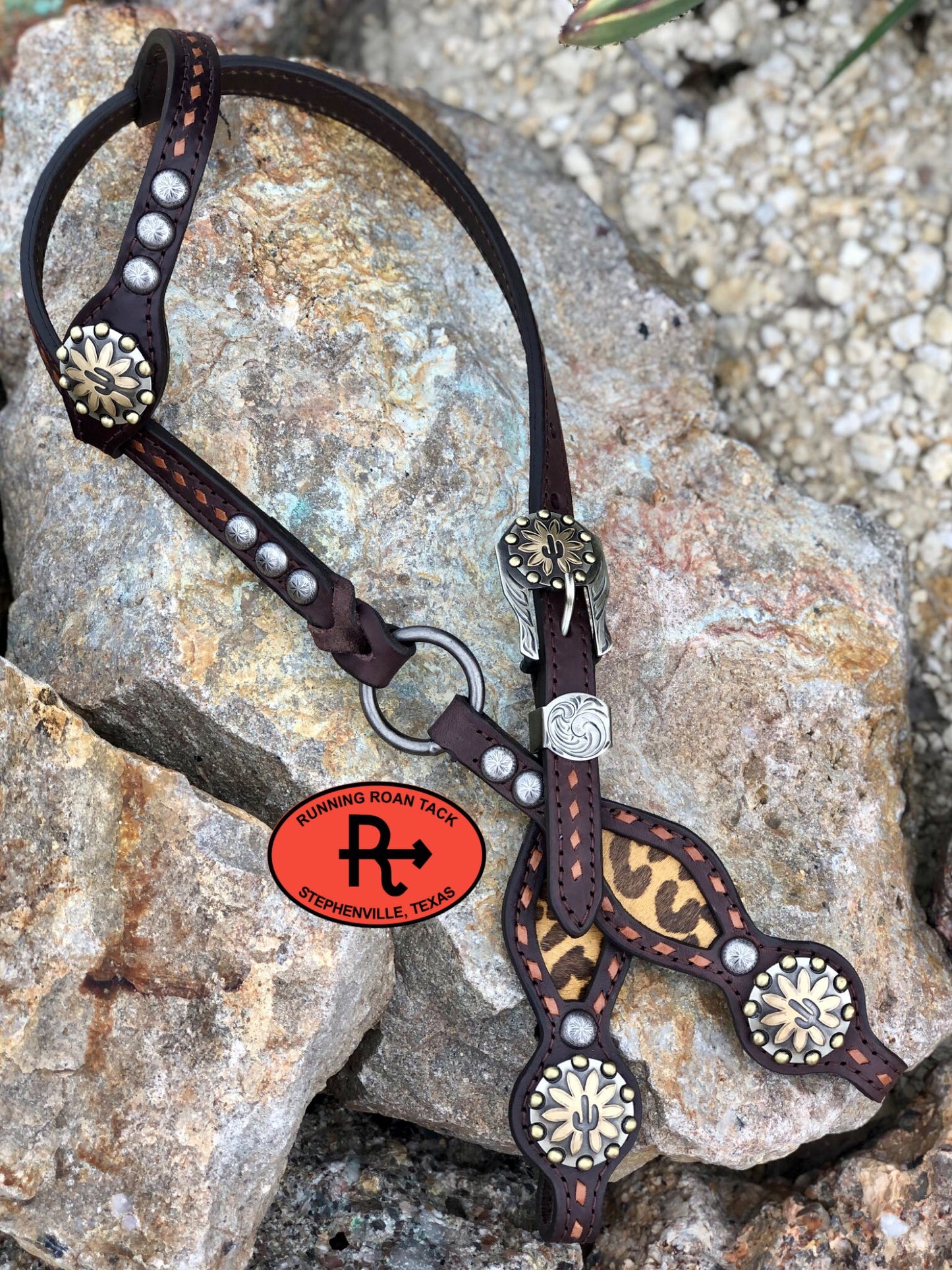 Inlaid Mustard Leopard Headstall with Brown Buckstitch and German Silver Hardware 38"-42" Headstall09012025-07