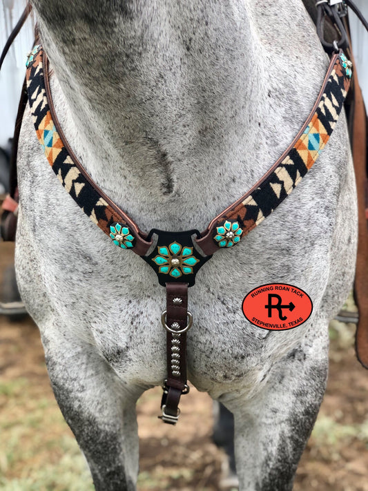 Breast Collar with Overall Black Wool and German Silver Turquoise Flowers