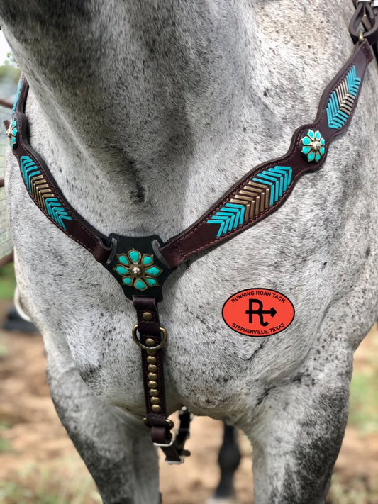 Breast Collar with Turquoise and Gold Lacing and German Silver Turquoise Flowers