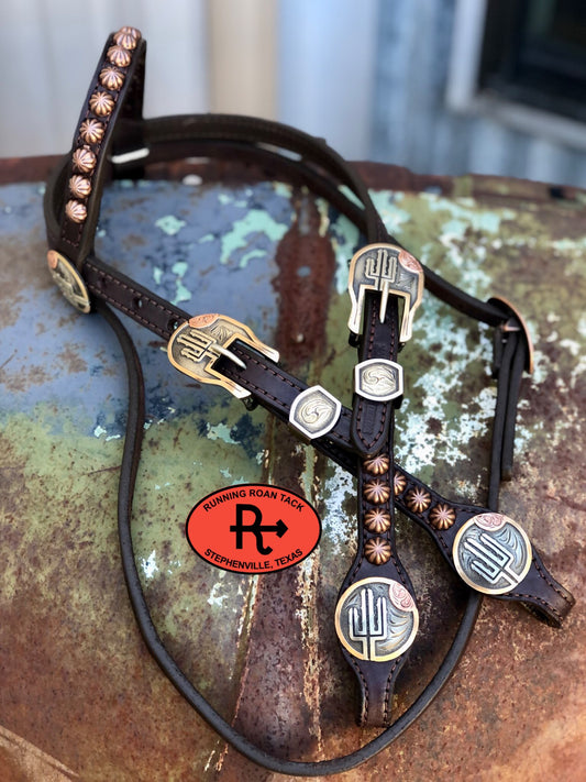 Single Ear Headstall with Throatlatch and German Silver Desert Sunset Hardware 29"-37" (6)