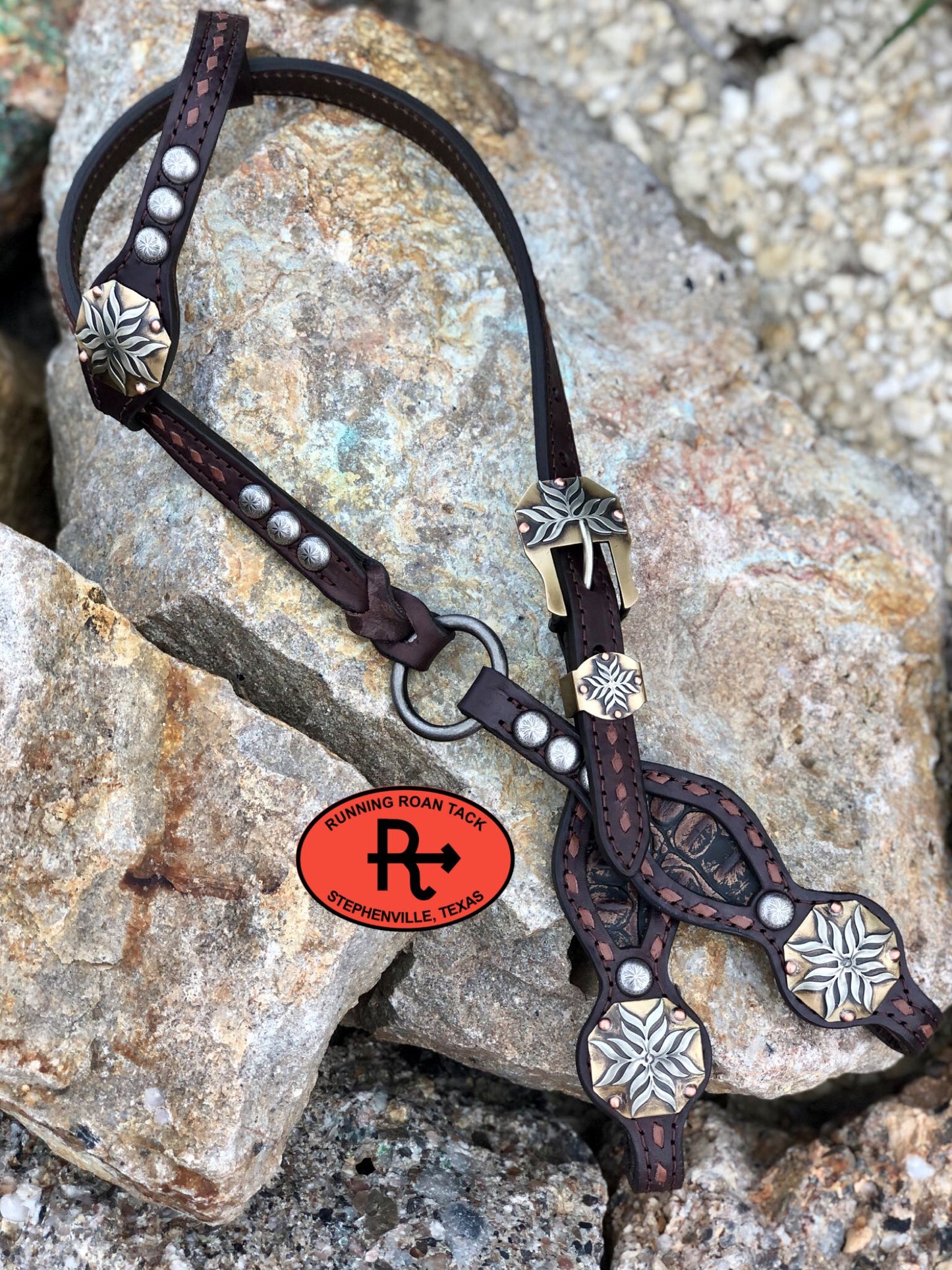 Inlaid Dark Brown Croc Headstall with Brown Buckstitch and German Silver Hardware 37"-41" Headstall09012025-06