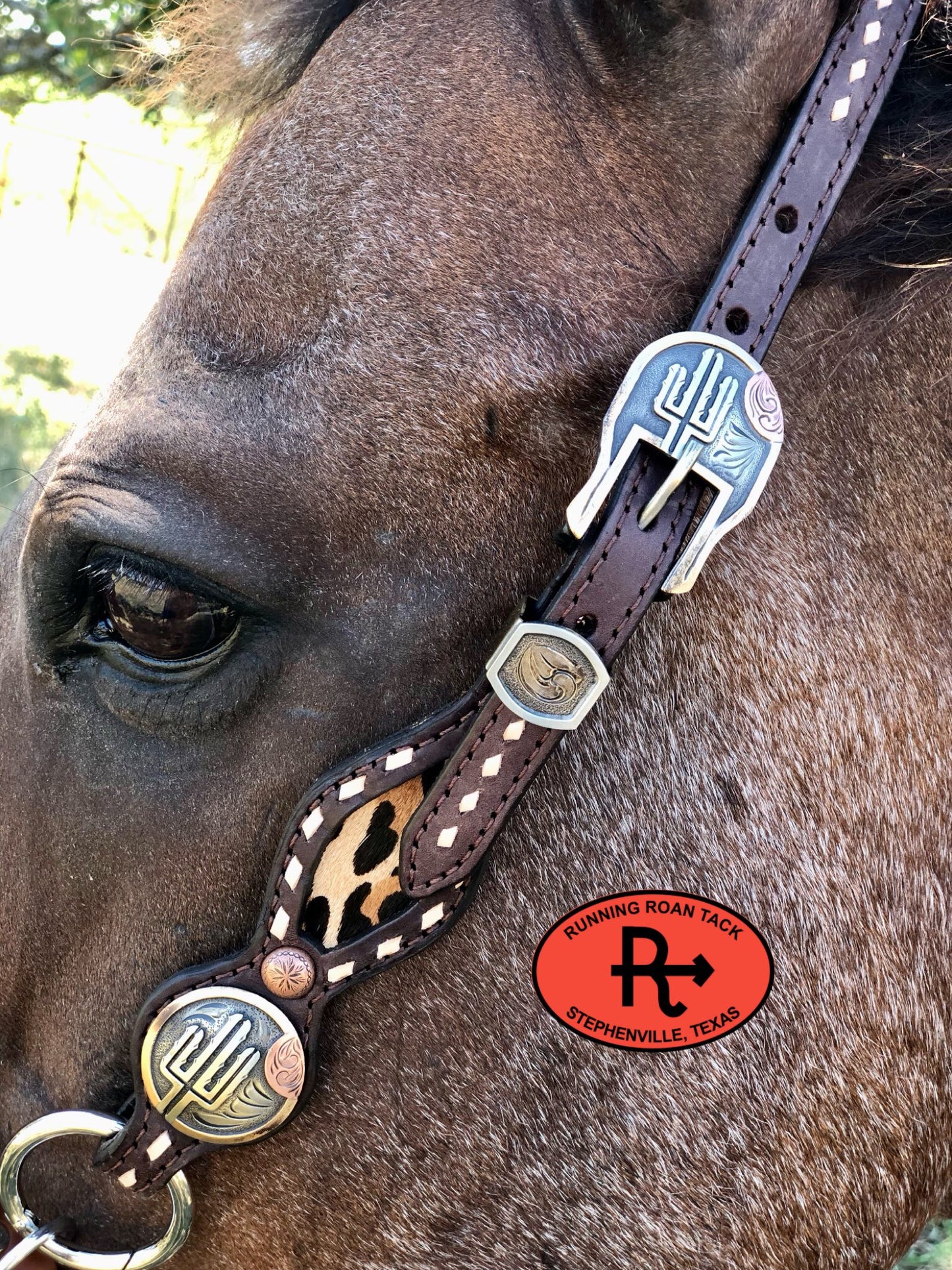 Inlaid Leopard Headstall with White Buckstitch and German Silver Hardware 34"-38" Headstall09012025-11