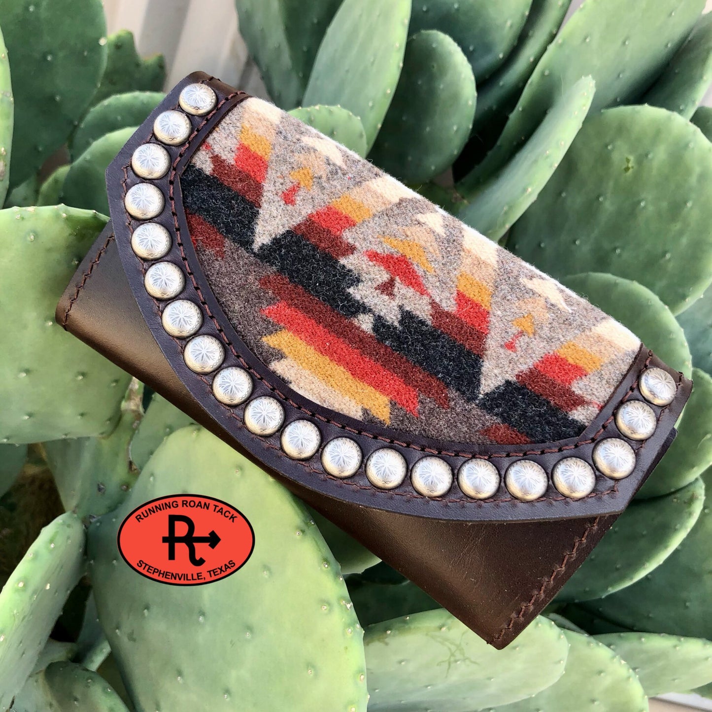 Chocolate Leather Inlaid Wool Trifold Wallet with Dots 08042025-08