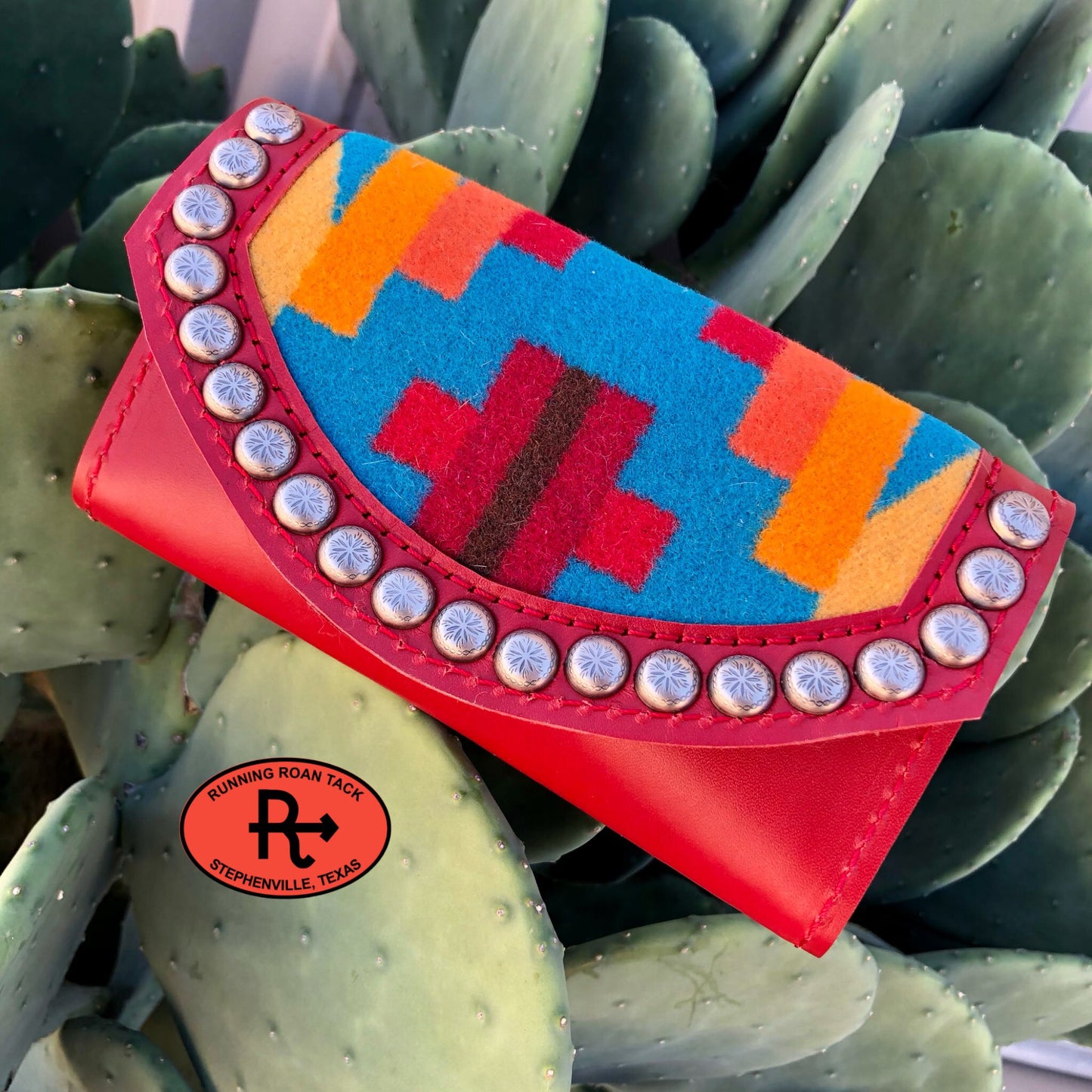 Red Leather Inlaid Wool Trifold Wallet with Dots 08042025-16