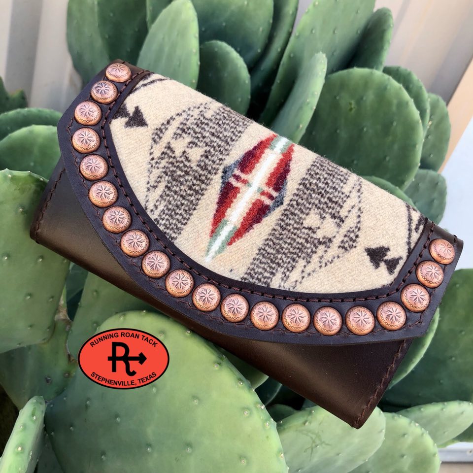 Chocolate Leather Inlaid Wool Trifold Wallet with Dots 08042025-06